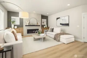 Gorgeous tile firepace with steel mantle.  Lots of storage in cabinetry.  Add floating shelves for a personal touch.
