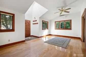 Entry opens to a family room with a mini-split heat pump for heating and cooling