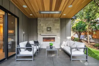 Outdoor covered living area with fireplace