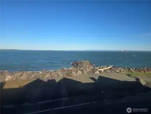 View of Grays Harbor, the Olympics and a parked ocean shipping liner