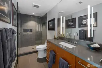 Modern spa-like bathroom featuring sleek countertops, dual sinks, and an elegant walk-in tile shower designed for both comfort and style.