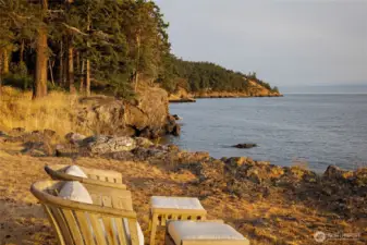 Relax along the shoreline where comfortable seating invites quiet moments overlooking Haro Strait, with opportunities to watch passing whales, boats, and unforgettable west side sunsets.