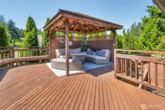 Gazebo with fan off primary bedroom sliding door