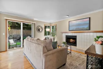 The kitchen opens to the cozy family room