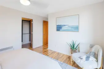 Another angle of the primary suite—walk-in closet on the left, and just around the corner on the right is the ¾ bath.