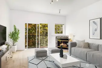Living room looks out towards the serene greenbelt.