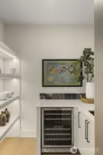 Hidden Prep Kitchen w/ Beverage Cooler, LED-Lit Pantry & Second Sink Convenience.