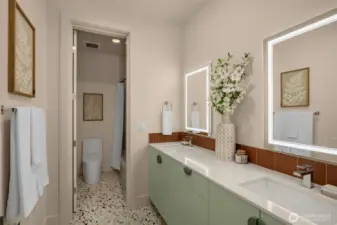 Chic Guest Bath w/ Smart Backlit Mirror, Mint-Fresh Color Palette & Artistic Tile Design.