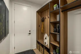 Garage-Entry Drop Zone w/ Custom Built-Ins & Warm Wood Organization.