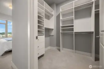 A dream closet with abundant storage, custom shelving and plenty of space to organize your wardrobe effortlessly.