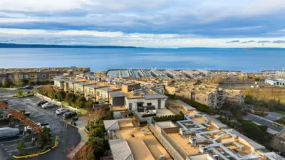 Aerial shot showcasing the full 50 Pine complex, highlighting the layout of the buildings, shared terraces, and surrounding greenery, with glimpses of Puget Sound in the distance.