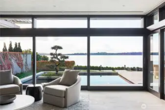 View from conversation~flex area looking out across one of two reflecting ponds and a Japanese Bonsai from Kubota gardens.