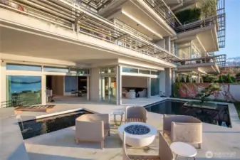 Lake front level facade and outdoor spaces.