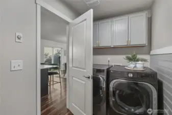 The laudry room is located just off the garage and kitchen.