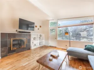Cozy wood-burning fireplace anchoring the main living area.