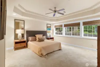 Spacious primary suite featuring tray ceilings, a ceiling fan, and a wall of windows overlooking the peaceful forest setting, creating a bright and relaxing retreat.