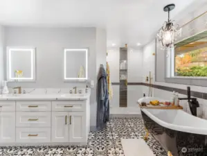Krugg LED mirrors, white oak cabinets, textured subway tiles