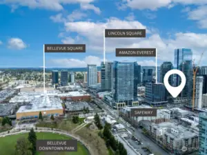Just a block from Lincoln Towers, a stroll to Bellevue Square Mall, parks, museums, theaters, eateries, and all IT Hubs, including Amazon Everest, the Transit Center, and major highways.