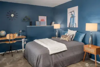 The first of two bedrooms in the lower level, also with a view to the north.