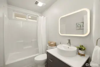 Upstairs hall bath is beautifully remodeled