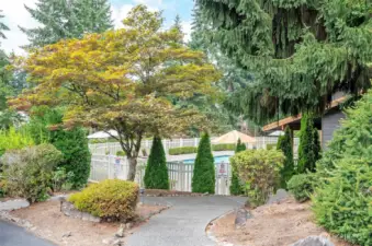 Pathway from the clubhouse entry to the fenced pool area.