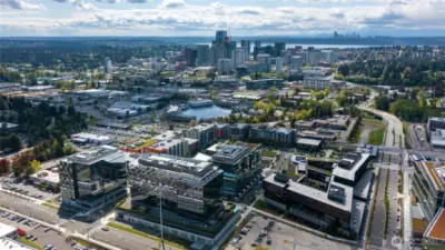 From over the Spring District looking over Lake Bellevue towards the skyline of downtown Bellevue