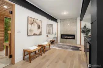 Entrance level sauna and recreation room with drink fridge