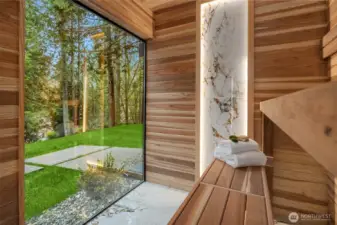 Stunning Sauna with lighting and porcelain tile accents