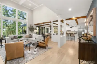 Two-story floor-to-ceiling windows allow the space to be flooded with light.