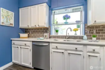 A closer view showcasing the custom gray subway tile.