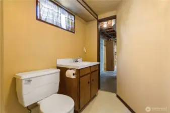 Lower level bathroom with 2 entry doors.