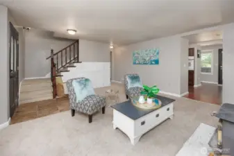 Warm and inviting family room with a wood stove.