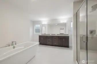 spa-like primary bathroom with soaking tub, walk in shower, and double vanity.