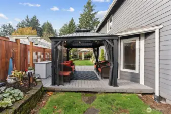 As you walk out the back of your home off of the family room, you will find an amazing space for relaxing and entertaining. Large covered deck with included gazebo, Costco lights & deck box, plus so much more!