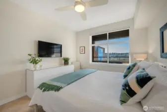 South-facing windows flood the home with natural light and capture beautiful canal and Olympic Mountain views from every room.