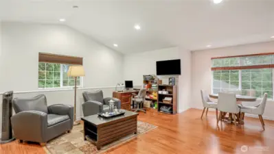 ADU offers vaulted ceilings, recessed lighting, kitchenette, in-unit washer and dryer, and 3/4 bathroom.