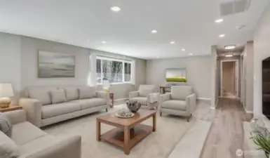 Plenty of space in this great room for ample living room configurations, virtually staged.