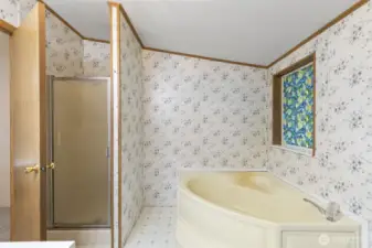 Primary bath with soaking tub and walk in shower.