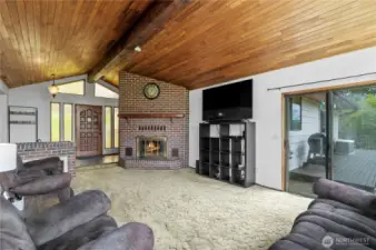 Cozy woodburning fireplace.