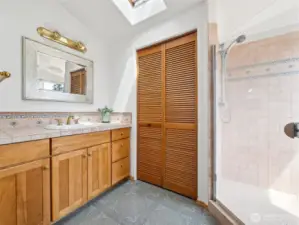 Primary bathroom with walk in shower.