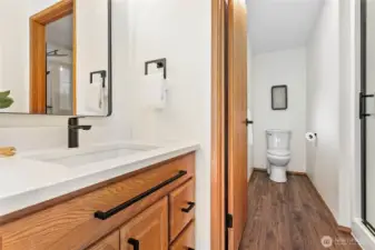 Primary bath is freshly updated.