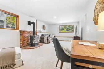 Lower level rec room gets ample natural light and tons of room. New carpet and paint & gas fireplace.