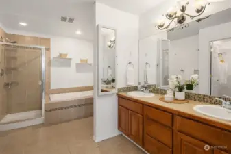 The primary bath features a vanity with double sinks, soaking tub and shower.