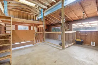 Barn features hay loft, enclosed pin area, dog & cat door, feeding trough