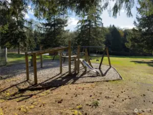 Playset with Monkey Bars, a slide, and a swingset.