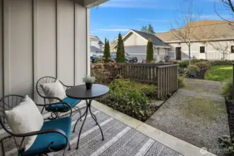 Front patio showing walkway to detached garage