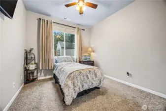 Main floor - downstairs guest bedroom with large window, plush carpet, and natural light, great for visitors or a home office.