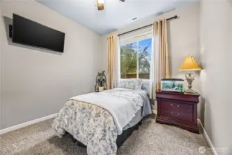 Main floor guest bedroom featuring soft natural light, plush carpeting, and versatile use—perfect for guests, multi-generational living, or a home office.