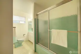 Main bath in upstairs hallway.