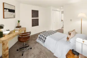 An appreciated design detail: this bedroom can function as an ensuite too, with access from the main living area that can be closed off for privacy when needed.